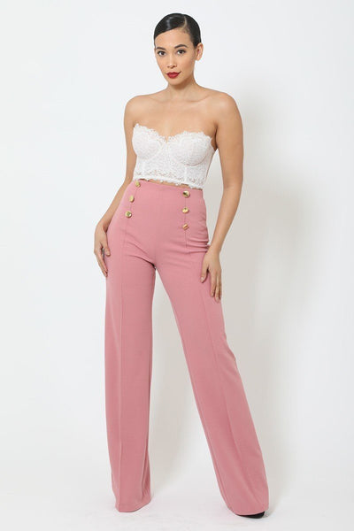 Straight To The Point High-waist Crepe Pants With Buttons