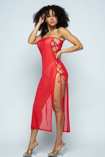 Don't Mesh With Me Solid Side Lace Up Cover Up Dress (Red)
