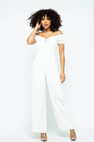 Ladies Night Out Puff Short Sleeve Jumpsuit With U Metal Details And Back Open Zippered