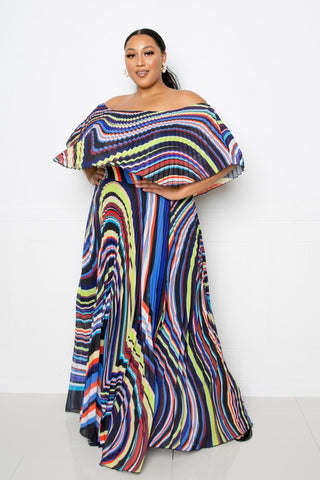 Feeling Myself Geo Printed Off Shoulder Pleated Maxi Dress