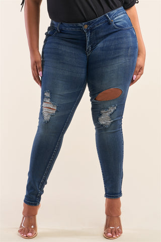 Let You In Dark Blue Low-rise Ripped Denim Pants