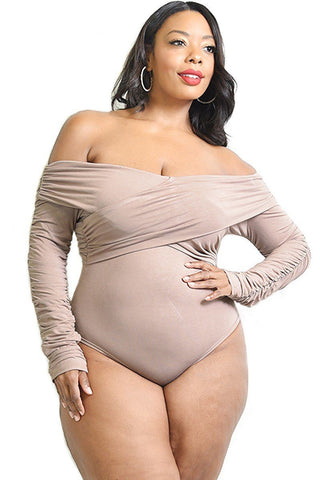 Crossing The Line Wrapped Long Sleeve Bodysuit (Taupe)