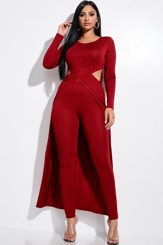 Can't Stay Away Long Sleeve Crossed Over Long Top And Leggings 2 Piece Set (Ruby)