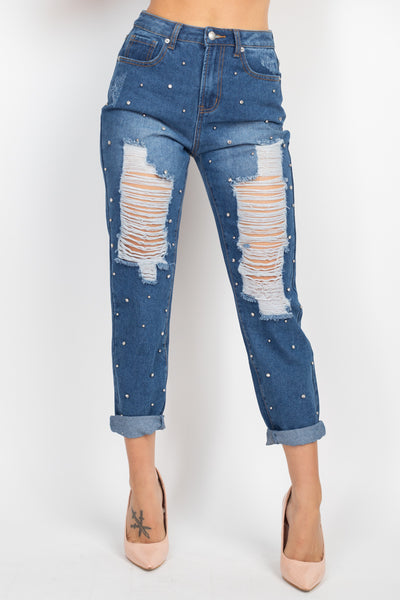 Rhinestones Ripped-front Denim Jeans