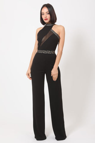 Elegant Night On The Town halter Neck Greek Border Pattern Jumpsuit